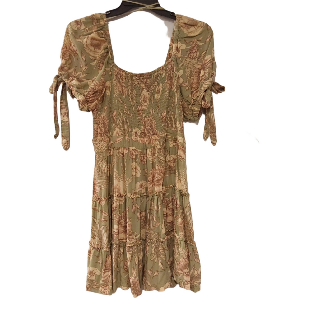 Agua Bendita x Target Mini Dress L Green Floral‎ Smocked Short Sleeve Boho